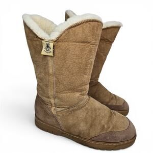 Old Friend Sheepskin Boots Tan Size 10 Suede Shearling Lined Mid Calf Winter